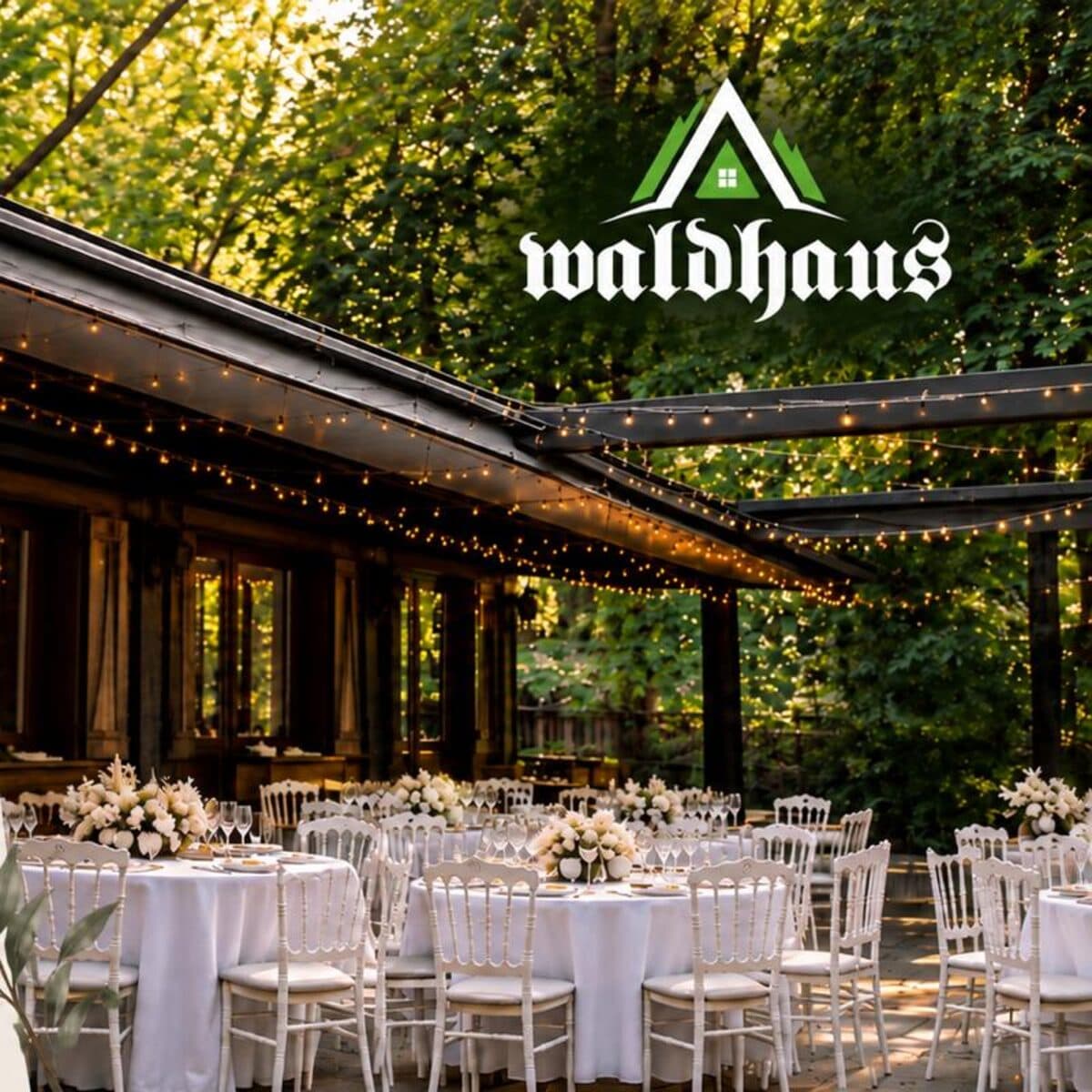 Terrasse der Eventlocation Waldhaus Berlin im Grunewald mit festlich gedeckten Tischen unter Lichterketten